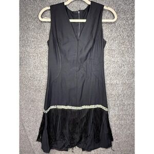 Vtg 70s Fringe Beaded Dress Medium Black V Neck Sheath Flapper Party Cocktail